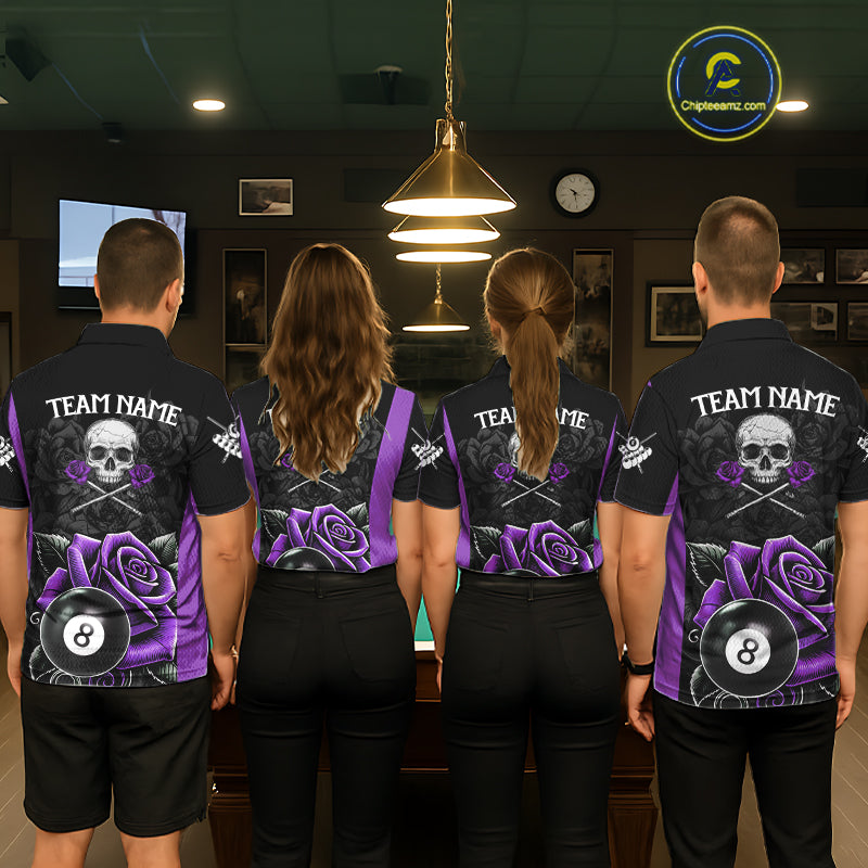 Black And Purple 8 Ball Pool And Roses Custom Skull Billiard Shirts For Women, Billiard Team Jersey TDM6287