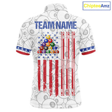 Load image into Gallery viewer, White American flag 8 ball billiard polo shirt for men with patriotic pool team graphics.