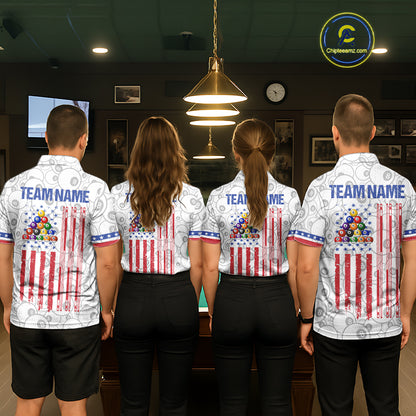 Back view of pool players wearing matching white 8 ball billiard shirts in a game room.