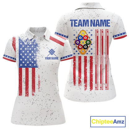 White American flag 9 ball billiard polo shirt for women with patriotic pool team graphics.