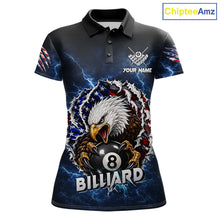 Load image into Gallery viewer, Blue lightning American flag eagle 8 ball billiard polo shirt for women with patriotic pool team graphics.