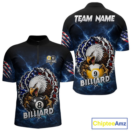 Blue lightning eagle American flag 8 ball and 9 ball billiard quarter zip shirt for men built for tournaments and league competition.