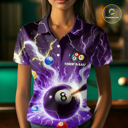 Thunder Lightning Strike 8 Ball Women Billiard Shirts Custom Purple Billiard League Pool Team Jersey TDM4544