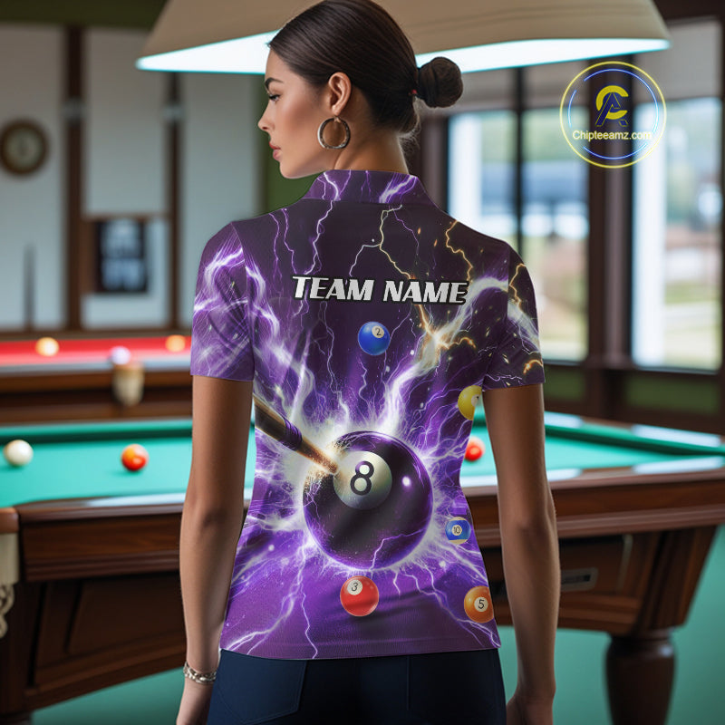 Thunder Lightning Strike 8 Ball Women Billiard Shirts Custom Purple Billiard League Pool Team Jersey TDM4544