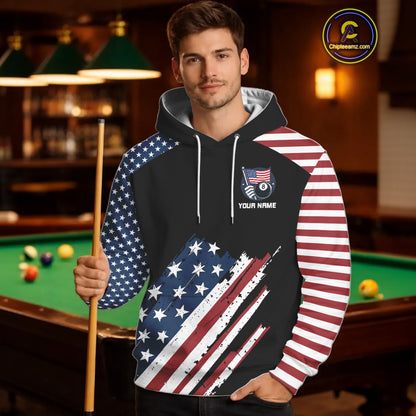 Black Grunge American Flag Billiard Hoodie Custom Patriotic 8 Ball Hoodie Pool Team Jersey TDM5688