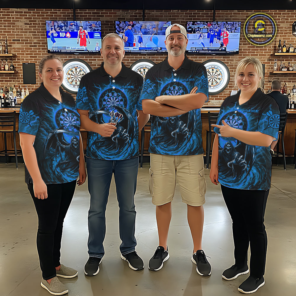 Personalized Blue Grim Reaper Lightning Darts Shirt For Men, Darts Team Jersey Polo & 1/4 Zip TDM5897