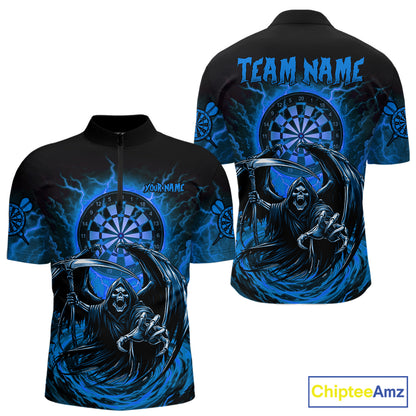 Personalized Blue Grim Reaper Lightning Darts Shirt For Men, Darts Team Jersey Polo & 1/4 Zip TDM5897