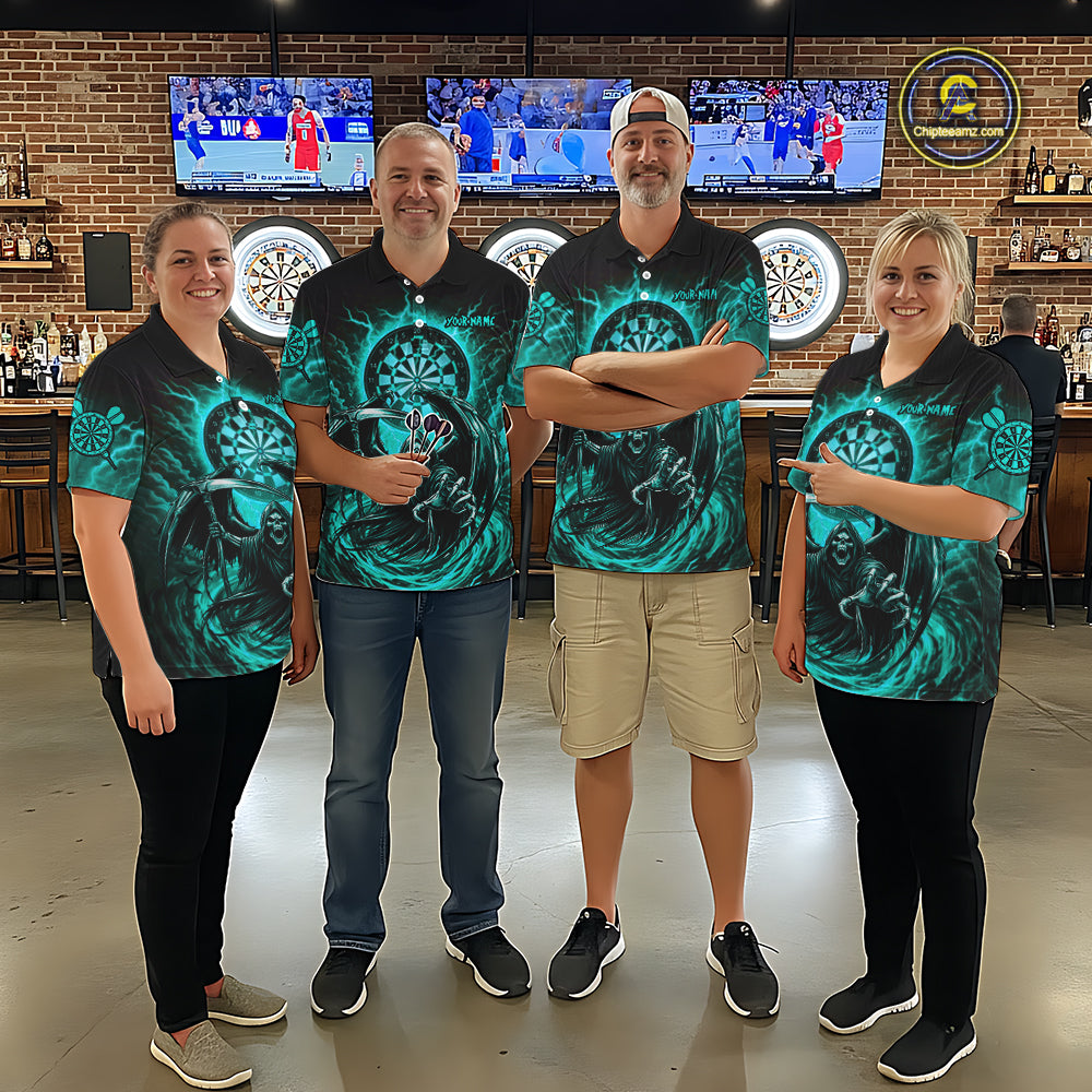 Personalized Turquoise Grim Reaper Lightning Darts Shirt For Women, Darts Team Jersey Polo & 1/4 Zip TDM5898
