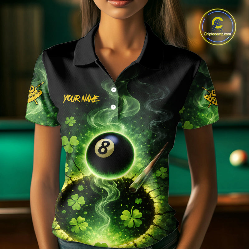 Personalized St Patrick Day Smoke 8 Ball Billiard Shirt For Women, Luckiest Shamrock Pool Jersey TDM5899