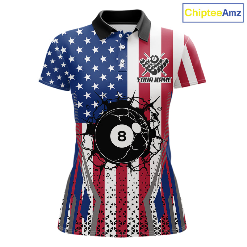 Funny Break 8 Ball Pool Billiard Shirt For Women Custom American Flag Pool Jersey Team Polo, 1/4 Zip TDM6036