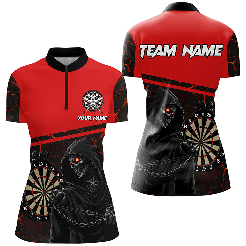 Personalized Grim Reaper Custom Red Darts Polo & Quarter-Zip Shirts For Women, Darts Jerseys TDM1983