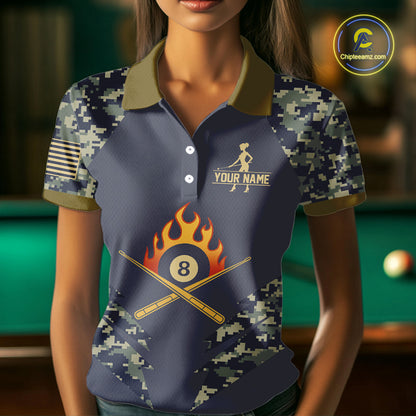 Personalized Flame 8 Ball Camo Billiard Shirts Custom Navy Blue Pool Team Jerseys Polo & 1/4 Zip TDM4332