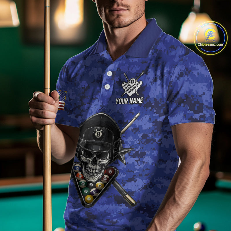 Personalized Blue Camo Skull Billiard Shirt For Men Custom Patriotic US Flag Pool Team Jersey TDM5166