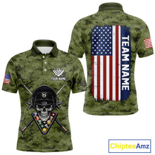Load image into Gallery viewer, Personalized Military Green Camo Skull Billiard Shirt For Men, Patriotic US Flag Pool Team Jersey TDM5167