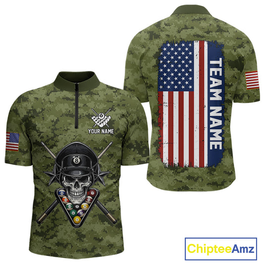 Personalized Military Green Camo Skull Billiard Shirt For Men, Patriotic US Flag Pool Team Jersey TDM5167
