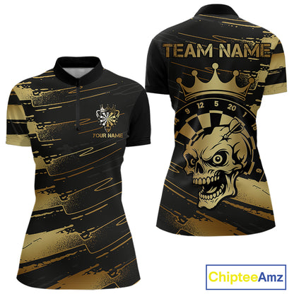 Black And Gold Funny Skull Crown Darts Shirt For Women Custom Dart Jerseys Team Polo & Quarter Zip TDM5168