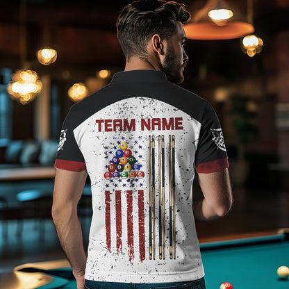 Black White Grunge American Flag Custom Billiard Shirts For Men, Patriotic Team Player Pool Jerseys TDM3405