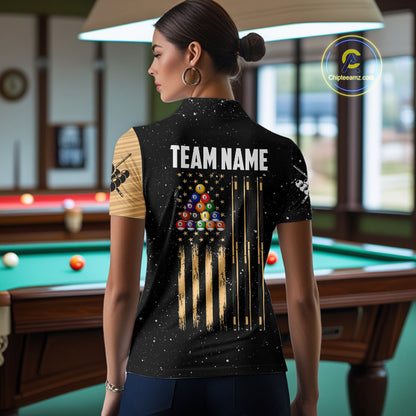 Custom Grunge American Flag 8 Ball Billiard Polo & 1/4 Zip For Women, Pool Team Jersey |Beige TDM5901