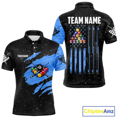 Custom Grunge American Flag 8 Ball Billiard Polo & 1/4 Zip For Men, Pool Team Jersey |Blue TDM5902