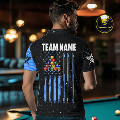 Custom Grunge American Flag 8 Ball Billiard Polo & 1/4 Zip For Men, Pool Team Jersey |Blue TDM5902