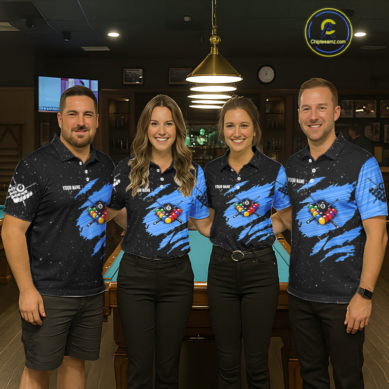Custom Grunge American Flag 8 Ball Billiard Polo & 1/4 Zip For Men, Pool Team Jersey |Blue TDM5902