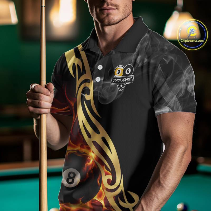 8 Ball & 9 Ball Flame Smoke Tribal Billiard Shirt For Men Custom Pool Team Jersey Polo & 1/4 Zip TDM5907