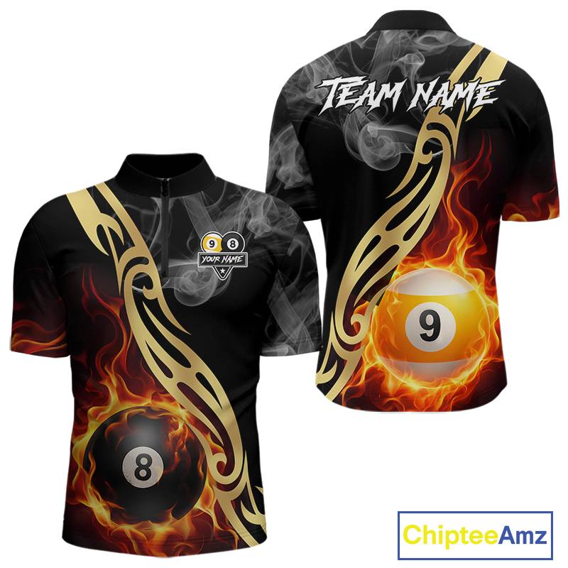 8 Ball & 9 Ball Flame Smoke Tribal Billiard Shirt For Men Custom Pool Team Jersey Polo & 1/4 Zip TDM5907