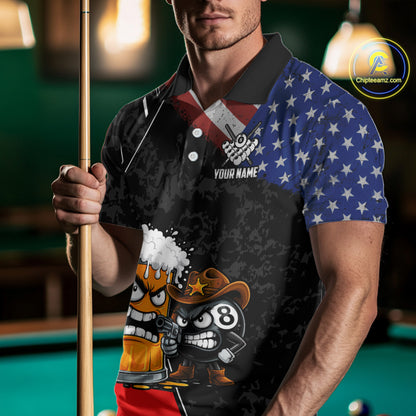 Funny Beer US Flag 8 Ball Pool Billiard Shirt For Men Custom Billiard Team Jersey Polo & 1/4 Zip TDM6047