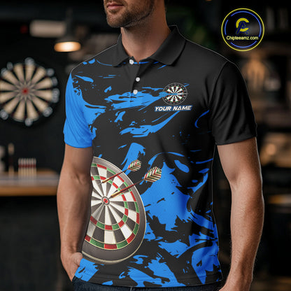 Personalized Black And Blue Splash Dart Polo & Quarter Zip Custom Dart Shirt For Men Darts Jersey TDM4167