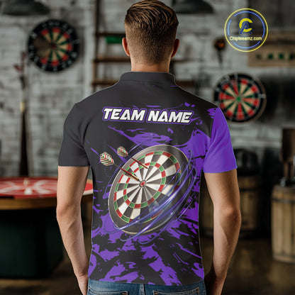 Personalized Black And Purple Splash Dart Polo & Quarter Zip Custom Dart Shirt For Men Darts Jersey TDM4169