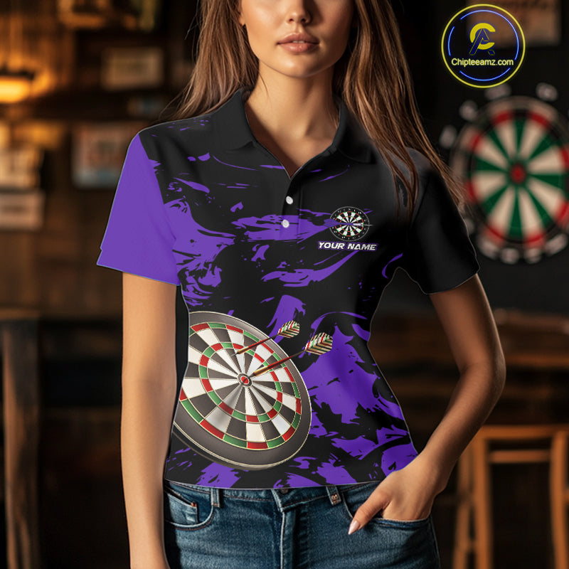 Personalized Black And Purple Splash Dart Polo & Quarter Zip Custom Dart Shirt For Women Dart Jersey TDM4169