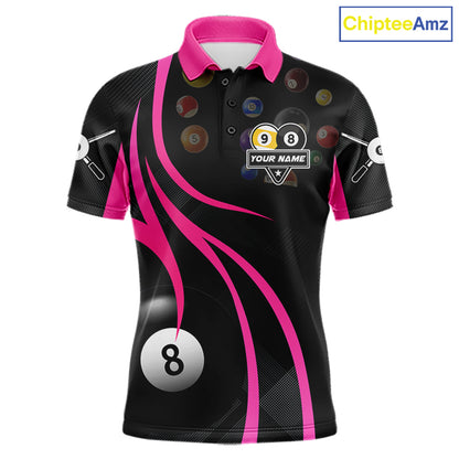 Pink 8 ball and 9 ball billiard polo shirt for men with custom pool team graphics.