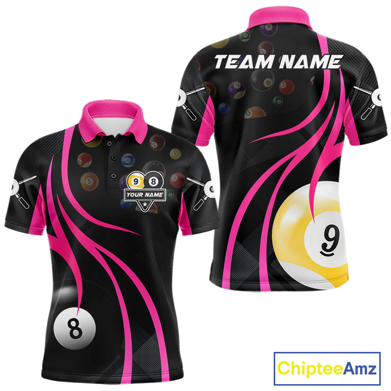 Pink 8 ball and 9 ball billiard polo shirt for men with custom pool team graphics.