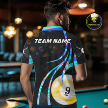 Load image into Gallery viewer, Back view of man wearing a holographic 8 ball and 9 ball pool shirt in a billiards hall.