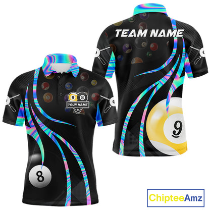 Holographic 8 ball and 9 ball billiard polo shirt for men with custom pool team graphics.