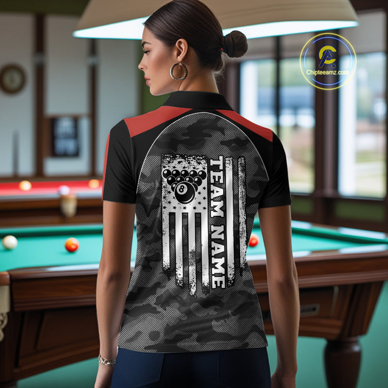 Back view of woman wearing a grey camo American flag pool shirt in a billiards hall.