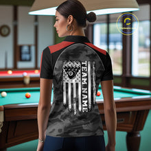 Load image into Gallery viewer, Back view of woman wearing a grey camo American flag pool shirt in a billiards hall.