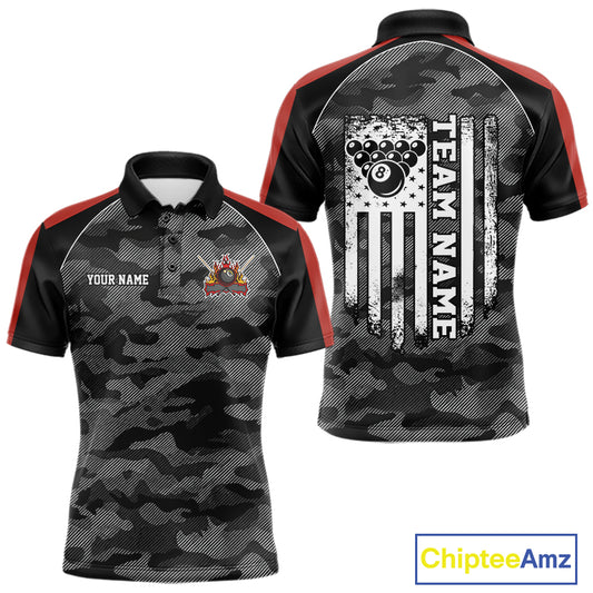 Grey camouflage American flag 8 ball billiard polo shirt for men with custom pool team graphics.