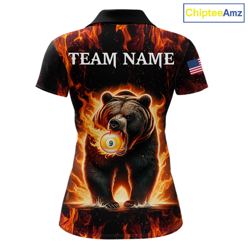 Custom funny bear 8 ball and 9 ball pool fire flame billiard team jersey polo shirt for women featuring a colorful flaming bear design, premium custom pool league apparel for tournaments.