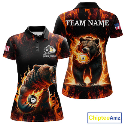 Custom funny bear 8 ball and 9 ball pool fire flame billiard team jersey polo shirt for women featuring a colorful flaming bear design, premium custom pool league apparel for tournaments.