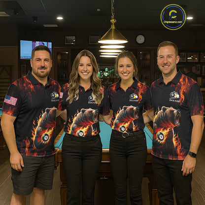 Billiard team wearing matching custom funny bear 8 ball and 9 ball fire flame pool jerseys featuring the vibrant bear design, front view.