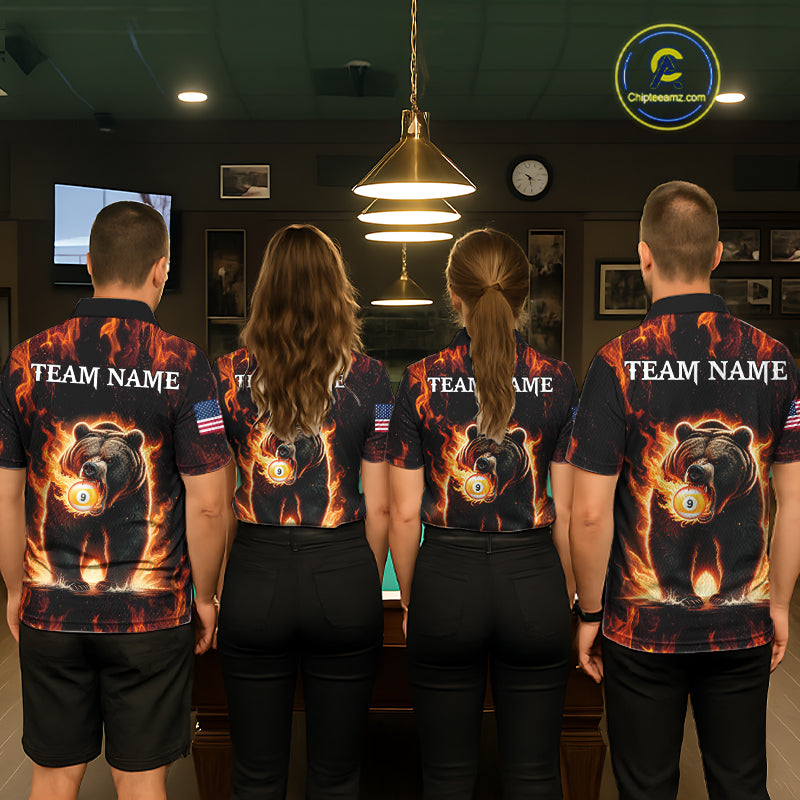 Billiard team wearing matching custom funny bear 8 ball and 9 ball fire flame pool jerseys featuring the vibrant bear design, back view.