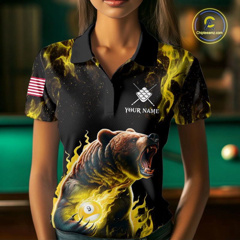 Woman wearing custom yellow flaming 9 ball pool bear billiard team jersey polo shirt featuring the fiery bear artwork, front view.