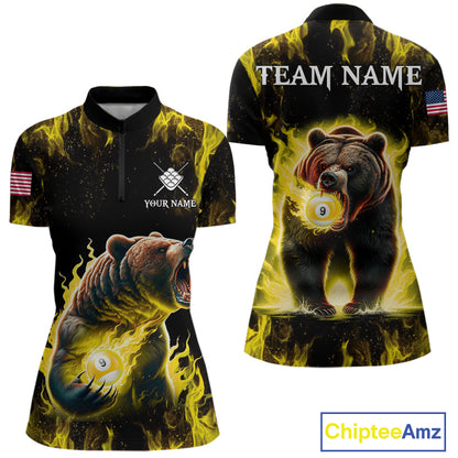 Custom yellow flaming 9 ball pool bear billiard team jersey quarter zip shirt for women featuring an aggressive flaming bear design for pool league competition.