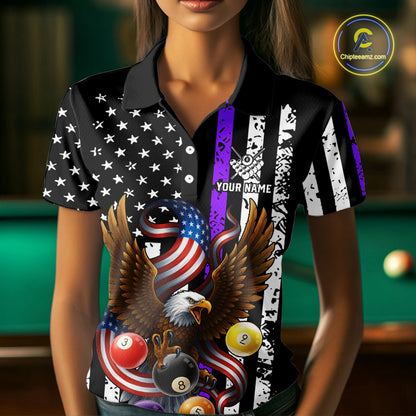Billiard Eagle American Flag Stripes Pool Jersey For Women Custom Patriotic Billiard Shirt|Purple TDM4984