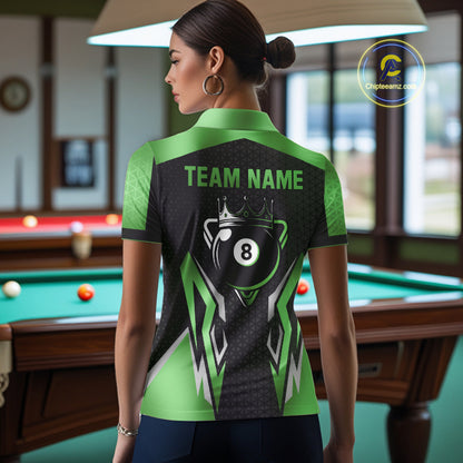 Black And Green 8 Ball Pool Crown Billiard Shirt For Women Custom Billiard Jersey Polo & 1/4 Zip TDM4991