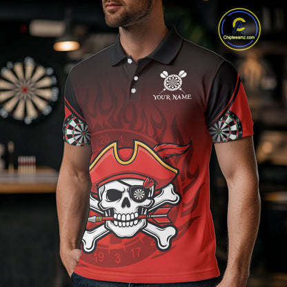 Red Black Funny Pirate Flame Skull Darts Shirt For Men Custom Dart Jerseys Team Polo & 1/4 Zip TDM5177