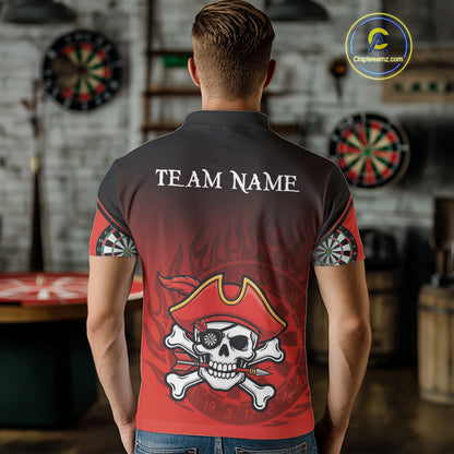 Red Black Funny Pirate Flame Skull Darts Shirt For Men Custom Dart Jerseys Team Polo & 1/4 Zip TDM5177