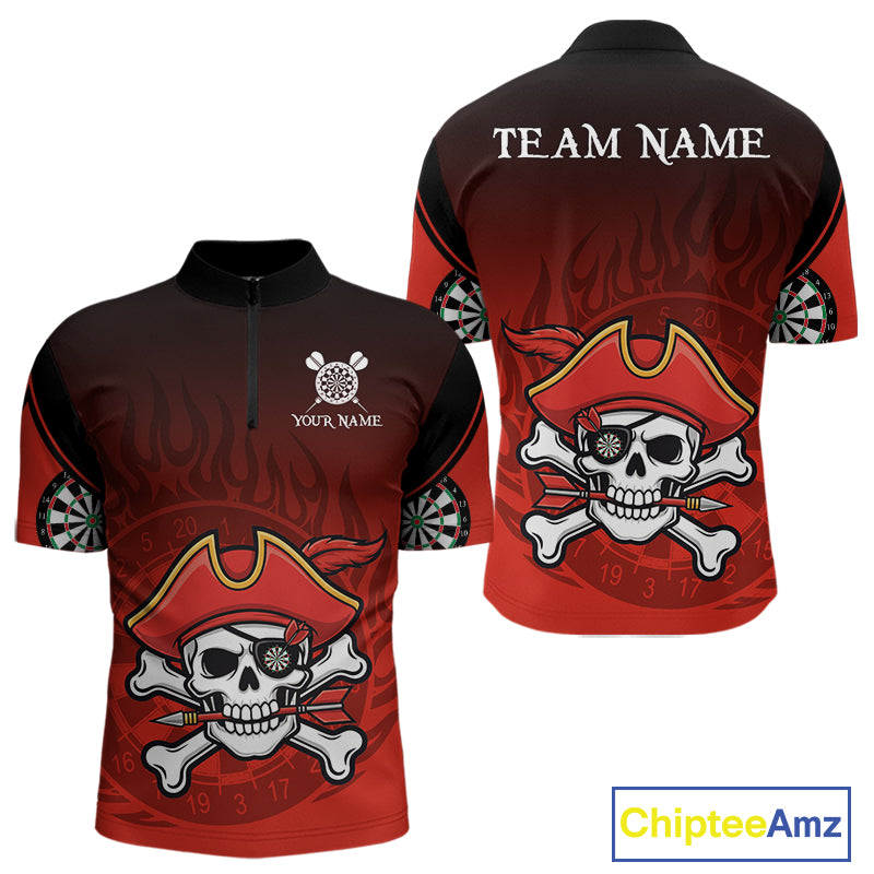 Red Black Funny Pirate Flame Skull Darts Shirt For Men Custom Dart Jerseys Team Polo & 1/4 Zip TDM5177