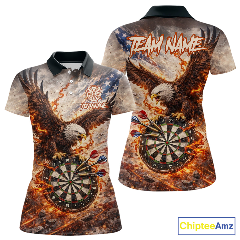 Personalized Grunge Fire Eagle Darts Shirt For Women, Patriotic Darts Jersey Team Polo & 1/4 Zip TDM5911